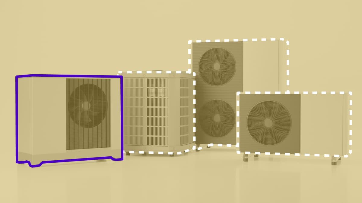 Four heat pumps of different sizes on a yellow background